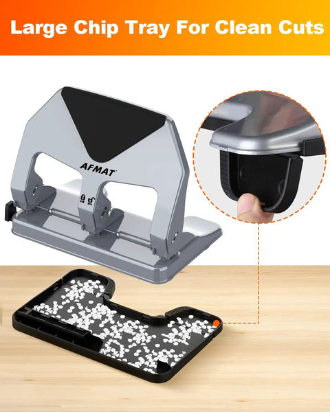 Heavy-Duty 3 Hole Punch For Binders, 50-Sheet Capacity, stainless steel paper guide, large chip tray for clean cuts