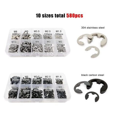 580 Piece Assorted Retaining Ring And O Ring Kit for Mechanical Fasteners, stainless steel and black carbon steel, 1-10 mm