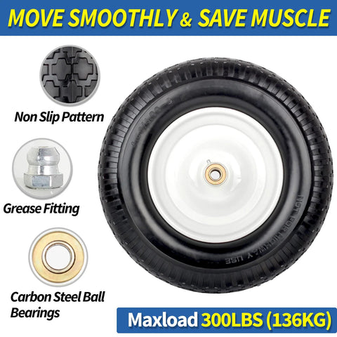 16 Inch Flat Free Solid Tire And Wheel For Wheelbarrows And Carts Size 4.80 4.00 8 With 3 Inch Centered Hub, 5/8 Inch Axle Bore