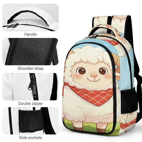 Smiling Sheep Wearing A Scarf Printed Unisex Backpack with handle, shoulder strap, double zipper, and side pockets