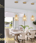Gold Pendant Light Set Of 3 With Spiral Cage And Seeded Glass Shades for Kitchen Island in dining room setting