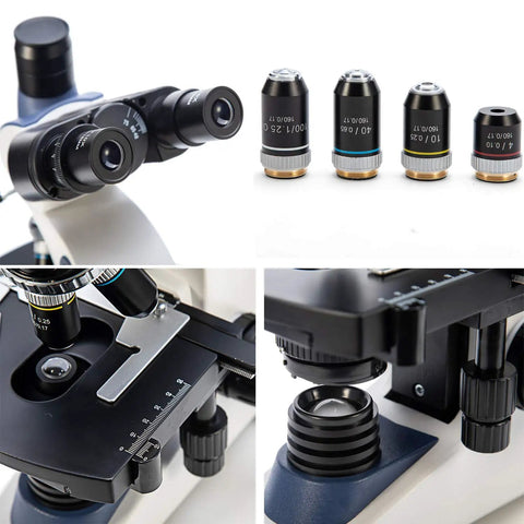 Trinocular Compound Microscope For Education And Research With 40X To 2500X Magnification, Siedentopf Head and objectives detail