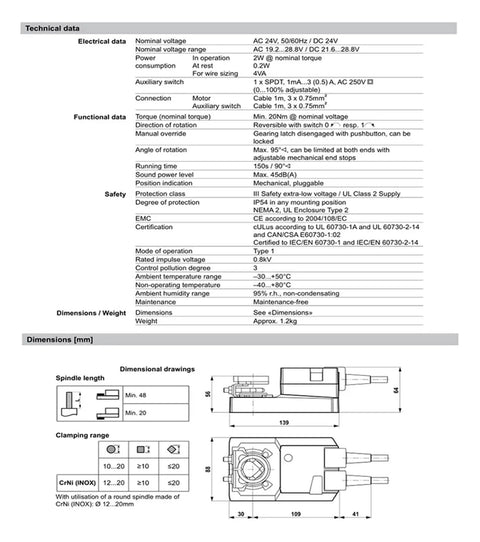 Technical data sheet for SM24A S Heavy Duty DC24V Damper Actuator With Aux Switch For Hvac Air Dampers.