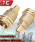 Heavy-Duty Propane Quick Connect Adapter QCC1 Type 1 To One Quarter Inch Male NPT Brass Tank Connector shown on white background