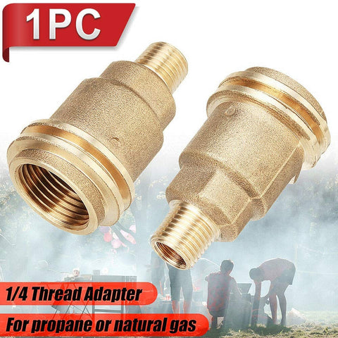 Heavy-Duty Propane Quick Connect Adapter QCC1 Type 1 To One Quarter Inch Male NPT Brass Tank Connector shown on white background