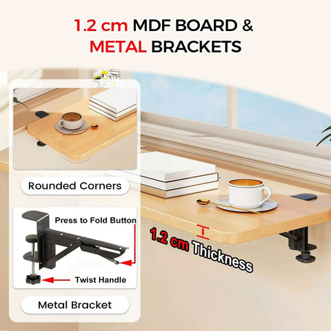 Fold Down Wall Mounted Desk Extender Tray And Side Table That Expands Your Space, MDF board with metal brackets, 1.2 cm thickness