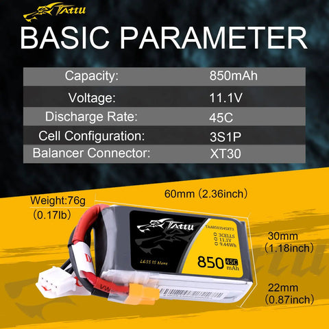 850mAh 11.1V 45C 3S LiPo Battery Pack With XT30 Plug for FPV Multirotor Tiny Quad 150 180 Size Weighing About 76g