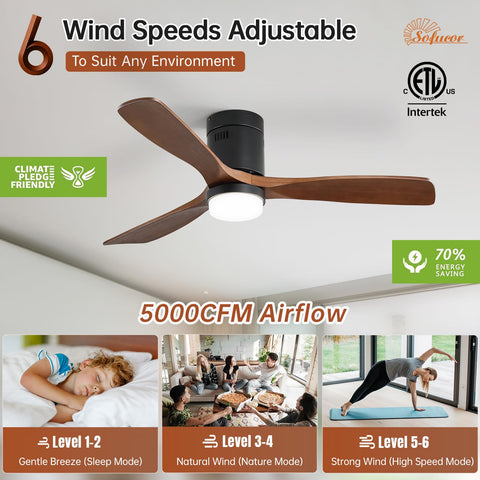 52 Inch Low Profile Ceiling Fan With Light In Walnut Dope 5000 CFM Airflow Whisper Quiet DC Motor Six Speeds Timer Reversible