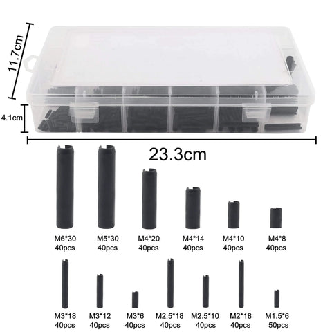 Beefy 530 Piece Roll Pin Set With Slotted Spring Pins In M1.5, M2, M2.5, M3, M4, M5, And M6 Steel Dowel Pins For Home Improvement Automotive And Machinery Repair Heavy Duty Mn Steel Fasteners Kit For Quick Fixes.