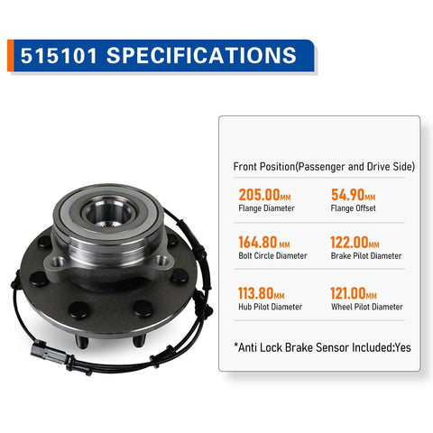 Beefy Front Wheel Hub And Bearing Assembly For Dodge Ram 1500 2500 3500 4x4 With ABS 8 Lugs Front Position Replacement 2006 2007 2008