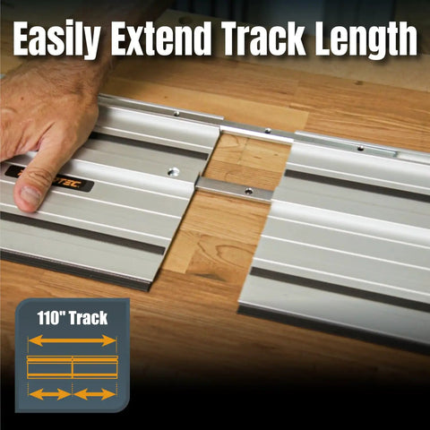 Guide Rail Connector in use extending track length on wood, part of Track Saw Guide Rail Connector Set For Festool Makita DeWalt And Triton Pack Of 2