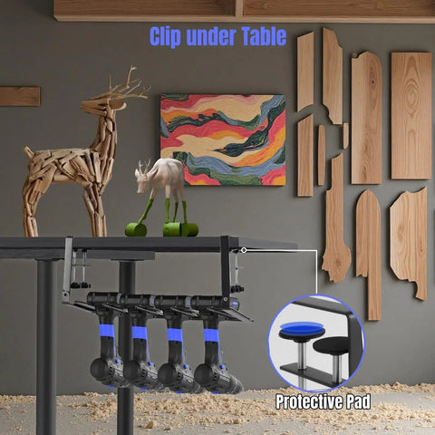 Under Workbench Drill Holder Table Mount With Clamp For Cordless Tools Grab And Go 16.6 Inch Reach 1 Tier Metal Shelf Organizer