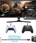 Two Pack 5ft USB C Controller Charger Cables For DualSense, Xbox Series X S Core, Elite Series 2, And Switch shown with controllers