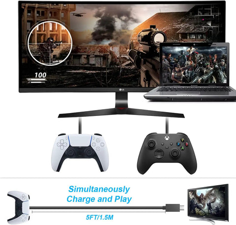 Two Pack 5ft USB C Controller Charger Cables For DualSense, Xbox Series X S Core, Elite Series 2, And Switch shown with controllers