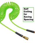 Recoil Air Hose for Air Compressor 1/4 Inch Inner Diameter, 25 Feet Self Coiling, Bend Restrictor, Pro Grade No Kink Quick Coupler, Green