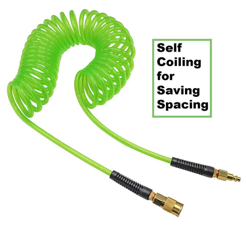 Kickass Polyurethane Recoil Air Compressor Hose 1/4 Inch By 50 Feet with self coiling design in vibrant green color.
