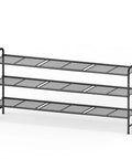 Heavy Duty Three Tier Stainless Steel Shoe Rack Organizer with a black frame showcasing three tier design for entryway storage.