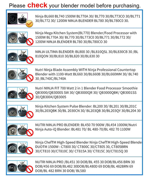 Compatibility chart for 6 Fin Blender Blade Assembly Replacement For BL770 BL780 BL660, highlighting compatible models.