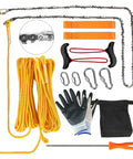 55 Inch High Limb Rope Saw With Dual Ropes And 70 Teeth On Both Sides Folding Pocket Chain Saw with accessories displayed.