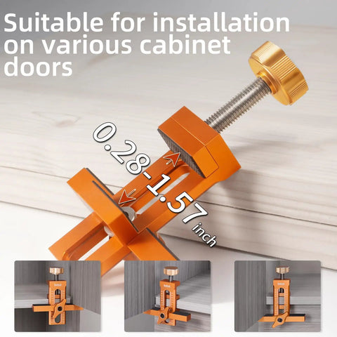Pro Grade Aluminum Cabinet Door Alignment Jig For Frameless And Face Frame Install displaying micro adjustment from 0.28 to 1.57 inches.