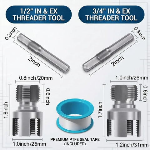 Two Pack PVC Pipe Threader Set For One Half Inch And Three Quarter Inch Plastic Pipes, thread cutters and PTFE tape