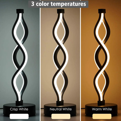 Spiral LED Table Lamp With Dimmer In Slick Black Finish Touch Control Bedside Light With Three Color Temperatures 15.8 Inch Tall