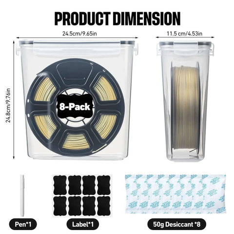 8 Pack 3D Printer Filament Storage Boxes Portable Sealed Waterproof Dustproof with desiccant, labels, and pen shown