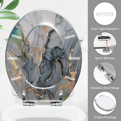 Elongated Toilet Seat for Home Replacement, 14.5" x 18.5", marble design, stainless steel hinge, easy quick release.
