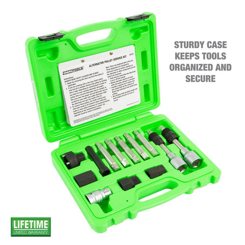 Green case with 13 Piece Alternator Pulley Tool Set For Easy Decoupler Removal And Install Automotive Pulley Puller Kit.