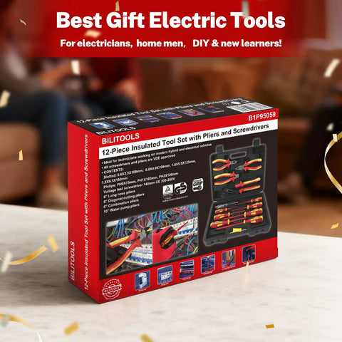 Pro Grade Electrician Toolkit Featuring Vde Insulated Screwdrivers Voltage Tester Heavy Duty Needle Nose Pliers And Wire Cutters For Skilled Hands Building A Bulletproof Workbench Collection - 12-piece toolset box with insulated tools.