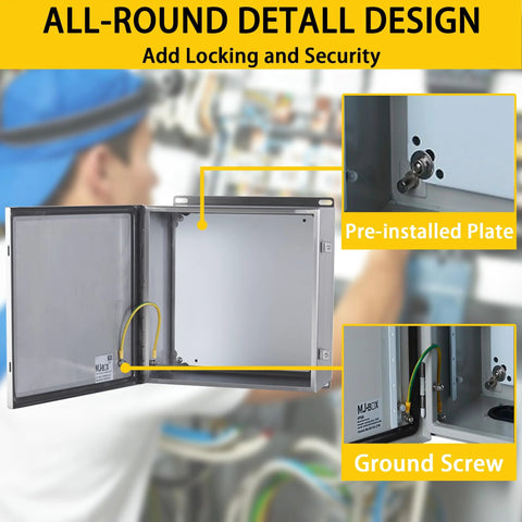 MJ-BOX steel electrical enclosure, 12x12x6 in, 304 stainless steel, open front with pre-installed plate.