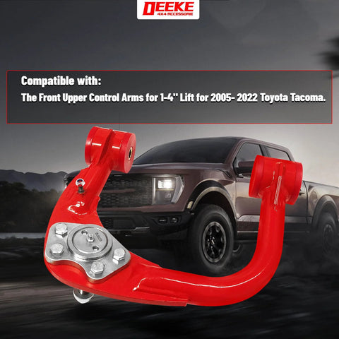 Beefy Front Upper Control Arms For 2005-2022 Toyota Tacoma With 1-4 Inch Lift Tubular Alloy Steel Replacement Arms displayed in red.