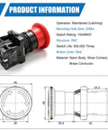 Red Mushroom Emergency Stop Button Switch 22mm 2NC Latching Estop 600V 10A, 40mm button head, panel mount with dimensions