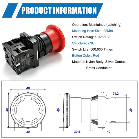 Red Mushroom Emergency Stop Button Switch 22mm 2NC Latching Estop 600V 10A, 40mm button head, panel mount with dimensions