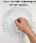 Peeling film from Five Pack Eight Inch Round Sublimation Wind Spinner Blanks in stainless steel for outdoor and indoor garden decor.