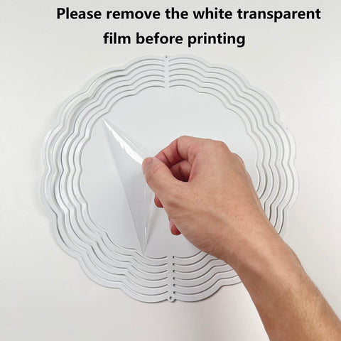 Peeling film from Five Pack Eight Inch Round Sublimation Wind Spinner Blanks in stainless steel for outdoor and indoor garden decor.
