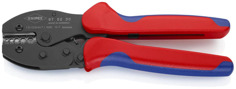 Five Position Non Insulated Wire Crimping Pliers For DIN 46267 Connectors, 1.5 To 4 Mm2 Capacity, AWG 15 To 11, Ergonomic grip.