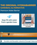 Hydrabarrier 12 Foot Long Water Diversion Wall Kit with instruction booklet and garden hose filling demonstration