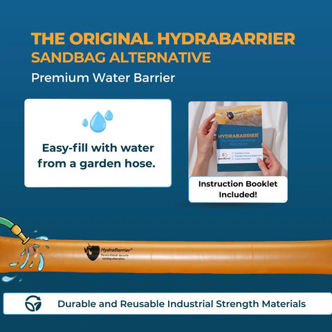 Hydrabarrier 12 Foot Long Water Diversion Wall Kit with instruction booklet and garden hose filling demonstration