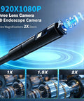 Endoscope Camera With Light 1920P HD Three Lens Borescope for Hard To Reach Spots shown with zoom feature and lens details.
