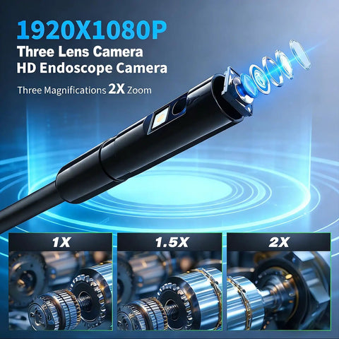 Endoscope Camera With Light 1920P HD Three Lens Borescope for Hard To Reach Spots shown with zoom feature and lens details.