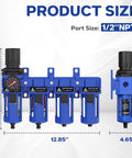 Half Inch NPT Air Dryer for Compressors, Four Stage Water Separator with Brass Filter, 10.48 x 12.85 inches size shown