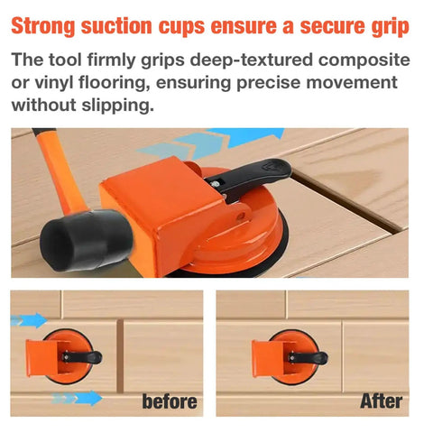 Heavy Duty Floor Gap Fixer And Puller Tool With 180 Lb Suction shown repairing floor gap with ergonomic handle and suction cup