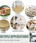 Applications of 2 In 1 Pneumatic Brad Nail Gun And Staple Gun for DIY Woodworking projects shown with various images like shelving and pet house.