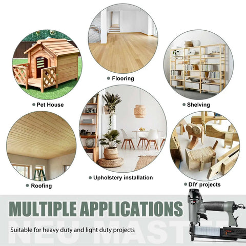 Applications of 2 In 1 Pneumatic Brad Nail Gun And Staple Gun for DIY Woodworking projects shown with various images like shelving and pet house.