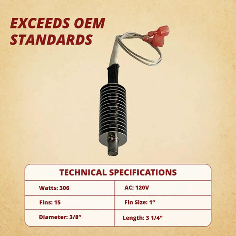 Pellet Stove Igniter Replacement 3-20-677200 15-Fin 310W with red plug and wire, technical specs listed below.