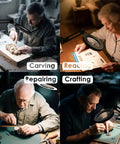 People using Desk Lamp With Built In 10X Magnifying Glass, 72 LED Lights, 1200 Lumens for carving, reading, repairing, crafting at home.