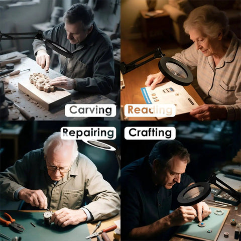 People using Desk Lamp With Built In 10X Magnifying Glass, 72 LED Lights, 1200 Lumens for carving, reading, repairing, crafting at home.