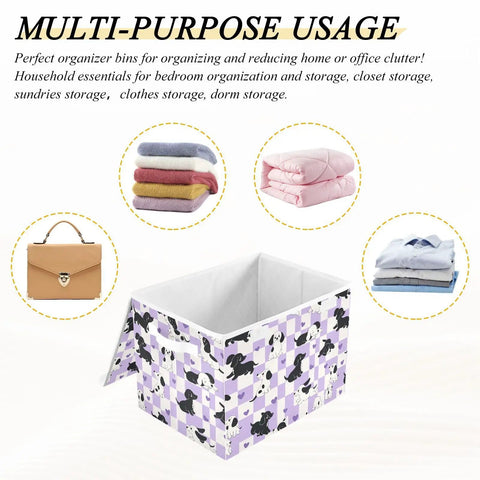 Heavy Duty Foldable Storage Bin With Secure Flip Top Lid And Sturdy Handles For Bedroom Organization Closet Decluttering in purple dog print.