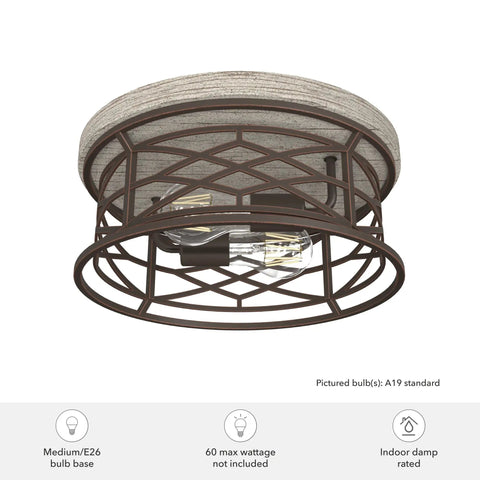 Round Rustic Flush Mount Ceiling Light In Onyx Bengal Finish Dimmable And Medium Size For Bedrooms Kitchens Foyers Bathrooms Durable Steel Construction Perfect For A Cozy Farmhouse Vibe And Everyday Living, showcasing lattice detail and E26 bulb base.